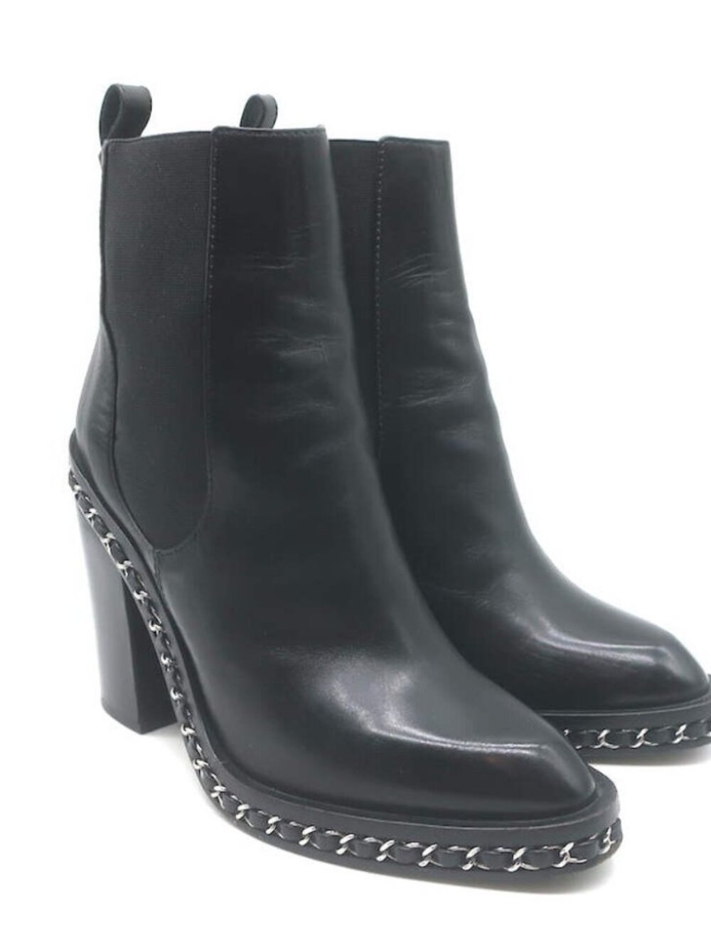 Chanel Chain-Trimmed High Heel Chelsea Boots Black Leather Size 39